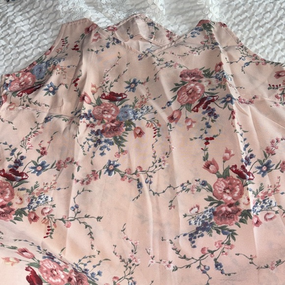 Pink Pastel Floral Print tank top Lace Shoulder Straps Summer Blouse Large - Picture 6 of 10